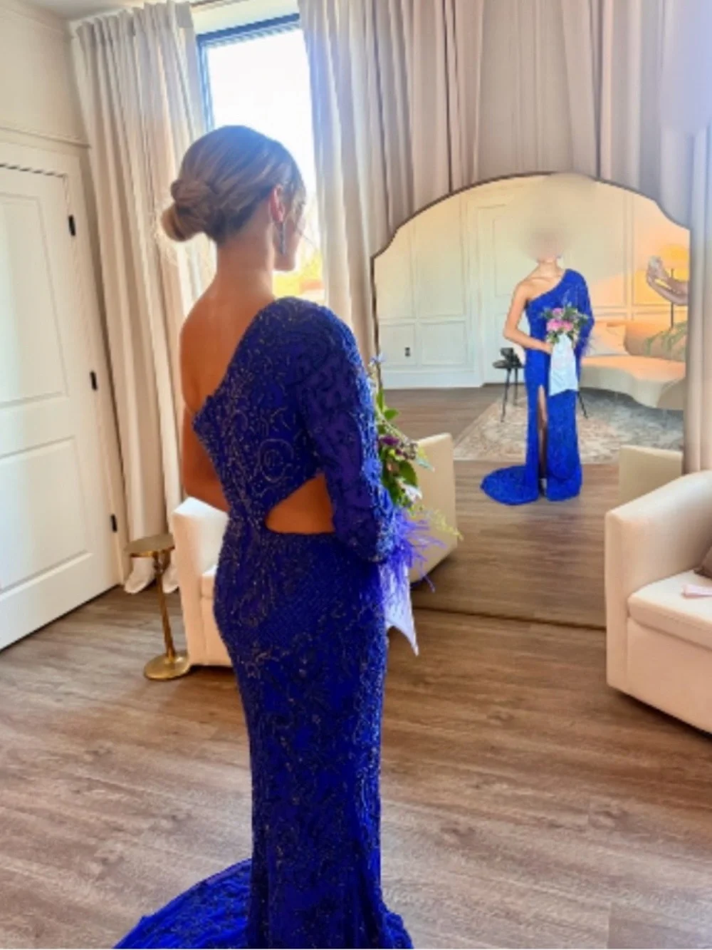 One-Shoulder Royal Blue Embellished Evening Gown - Picture 4 of 4